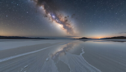 Night Sky Reflections: Capturing the breathtaking view of the milky way at night, its light dances across a vast, reflective landscape, creating a stunning scene of celestial beauty. 