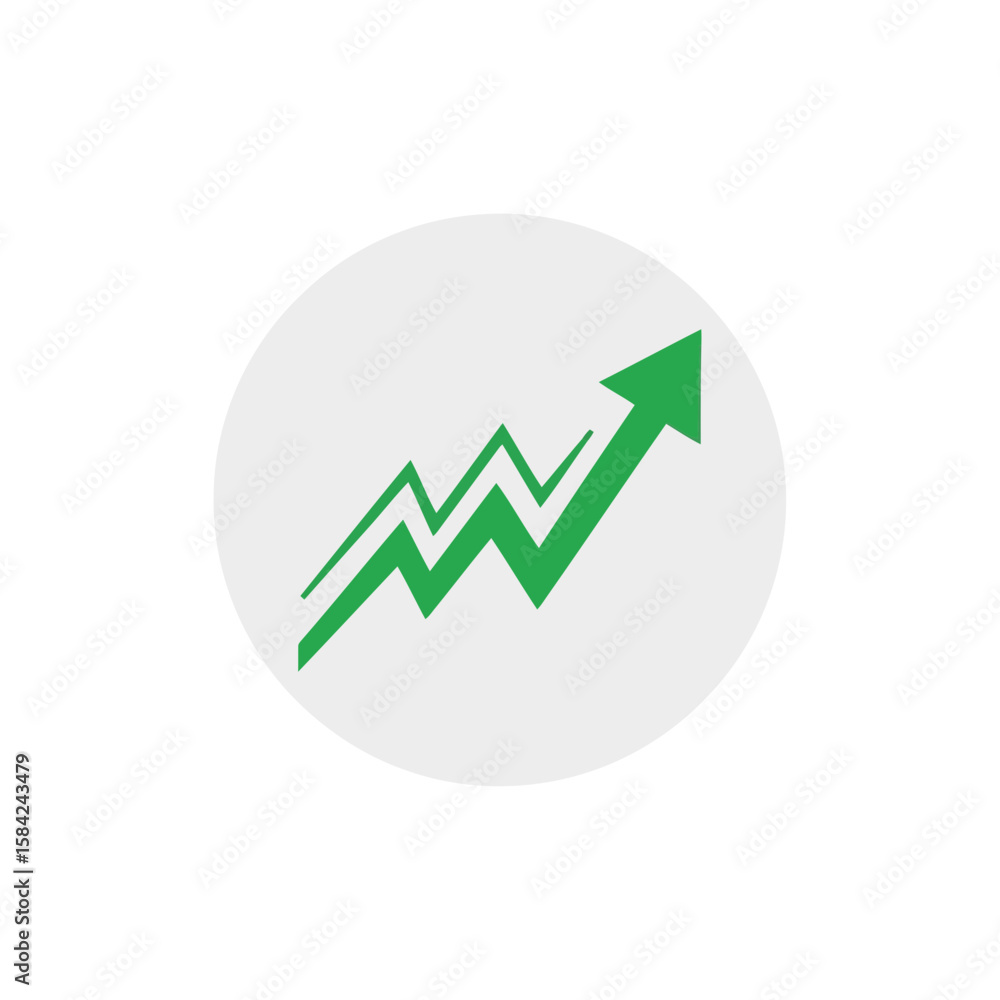 Poster a green arrow with a rising zigzag pattern points upwards inside a white circle, isolated on white b