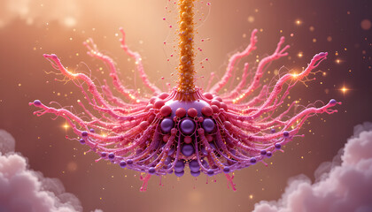 Celestial Bloom: An ethereal, stylized illustration of an intricate, radiant blossom against a backdrop of clouds and glittering particles, evoking a sense of wonder and cosmic beauty.