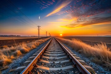 Golden hour sunset over railroad tracks leading towards the horizon
