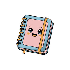 Cute kawaii notebook character with happy face isolated on white background