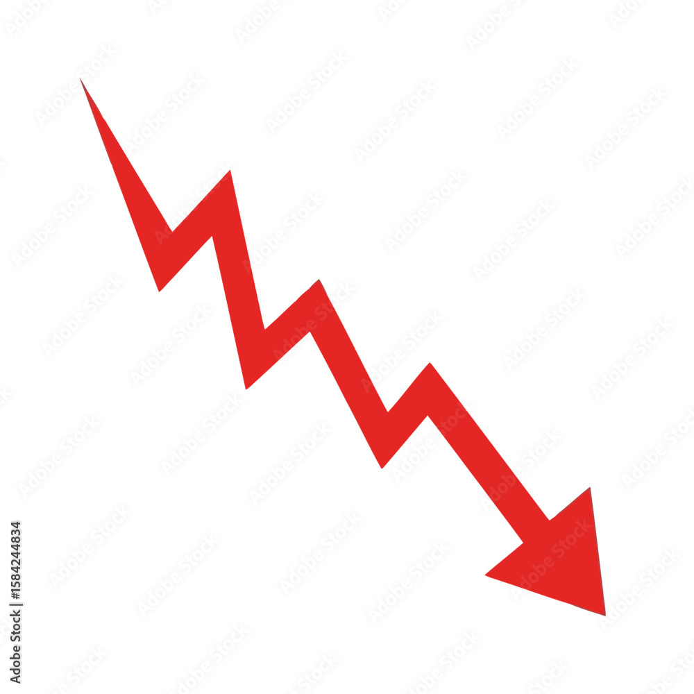 Poster a red arrow pointing diagonally down with a zigzag line is isolated on white background