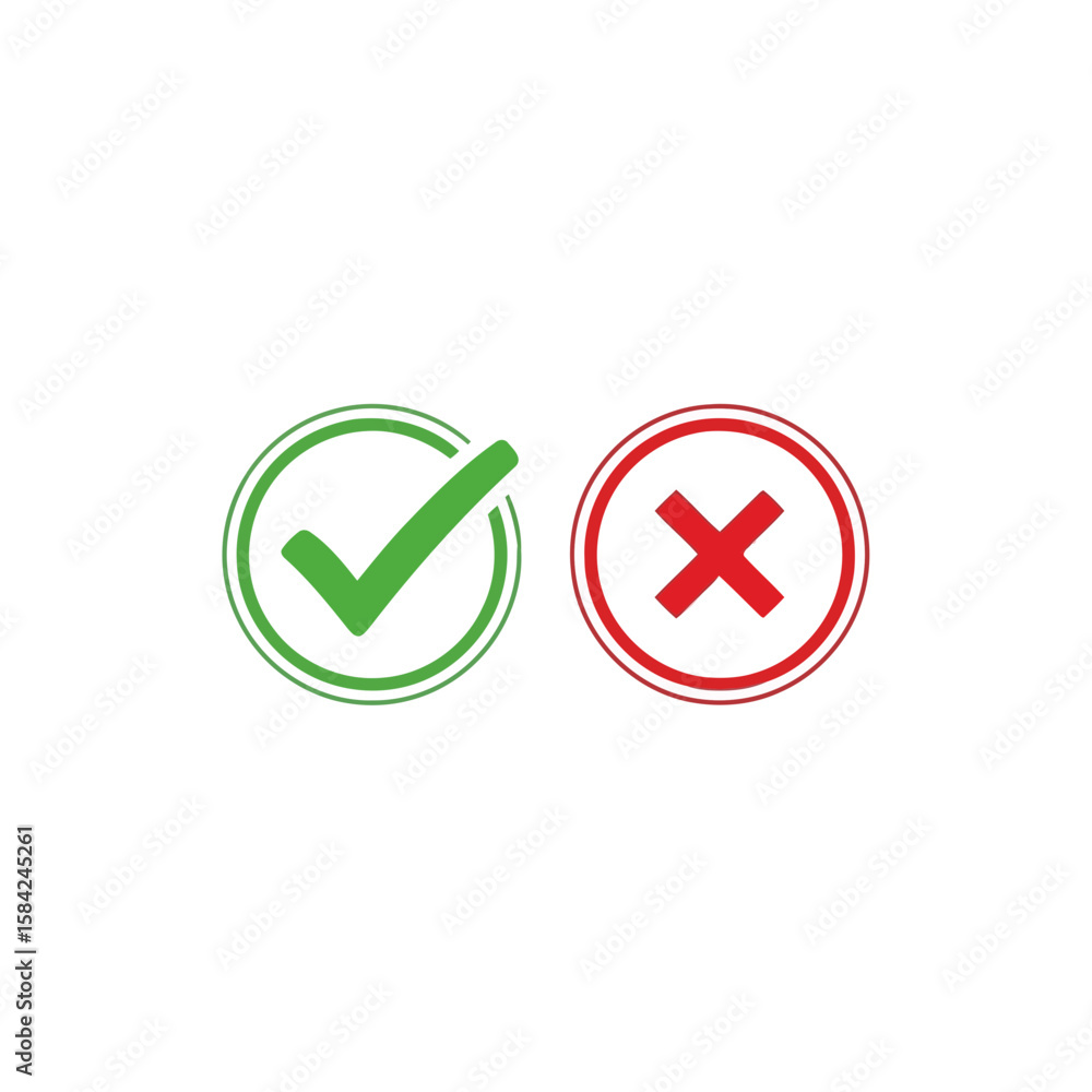 Poster a green check mark and a red cross in circles are isolated on white background, representing correct