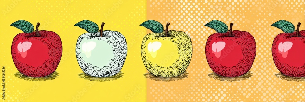 Poster stylized flat design apples in retro halftone pop-art style on a bright background with ample blank 