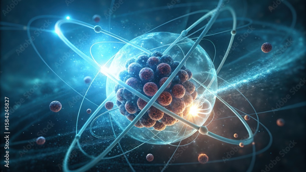 Poster stunning view of atomic nucleus and splitting process in deep space