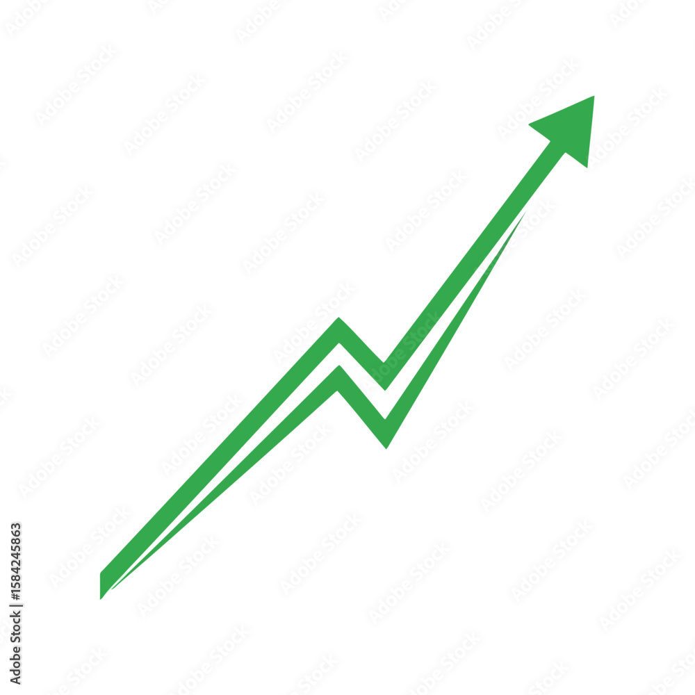 Poster a green arrow with a zigzag pattern points upward, indicating growth and progress, isolated on white