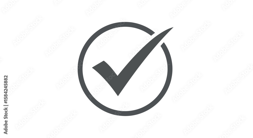 Poster a gray check mark inside a gray circle signifies approval and validation, isolated on white backgrou