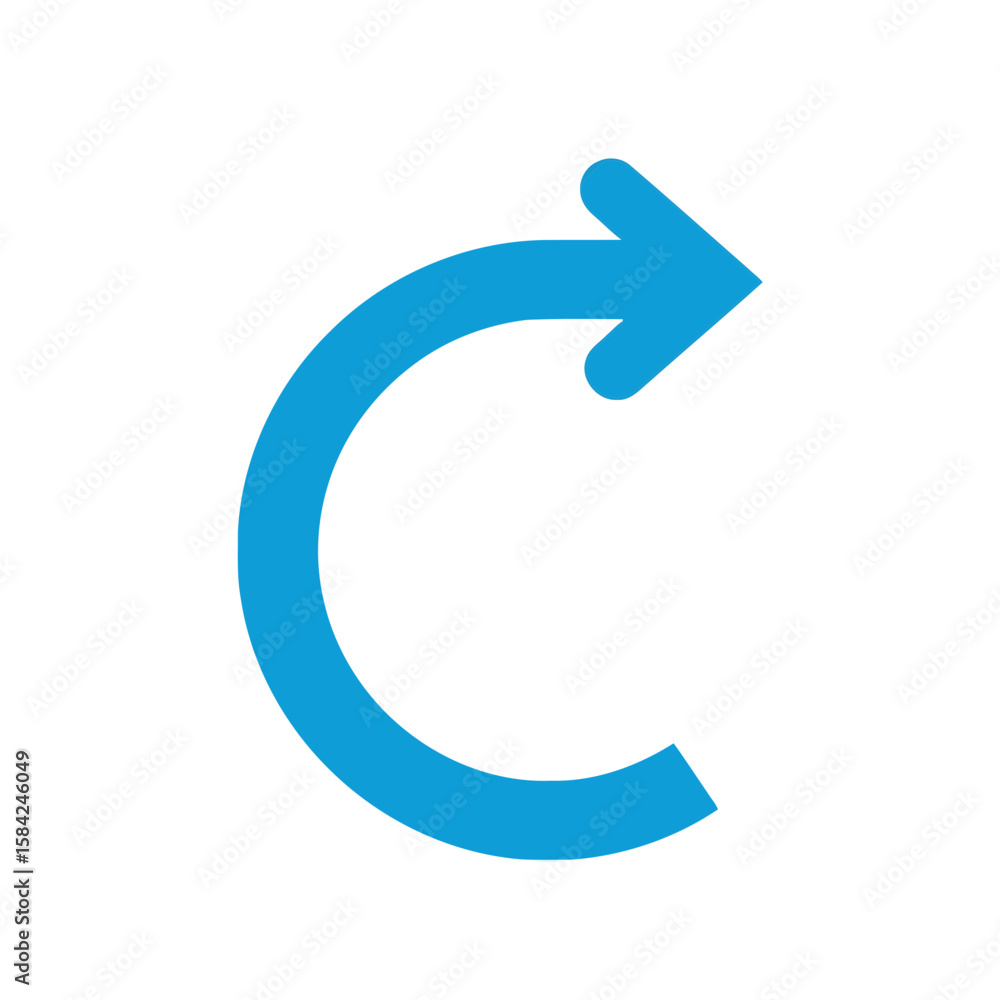 Poster a blue curved arrow isolated on white background indicates rotation, a cycle, or a return to a previ