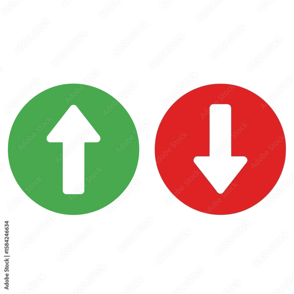 Poster an up arrow in a green circle and a down arrow in a red circle are isolated on white background