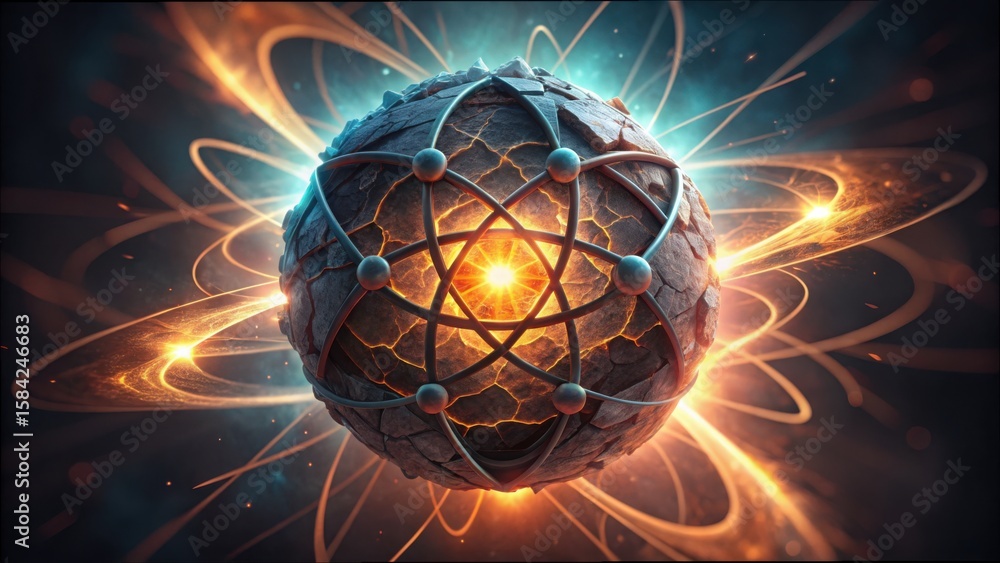 Poster emitting energy pulses from core of an atomic structure in gigapixel