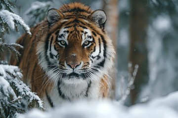 Siberian Tiger in Snowy Forest: Majestic and Powerful