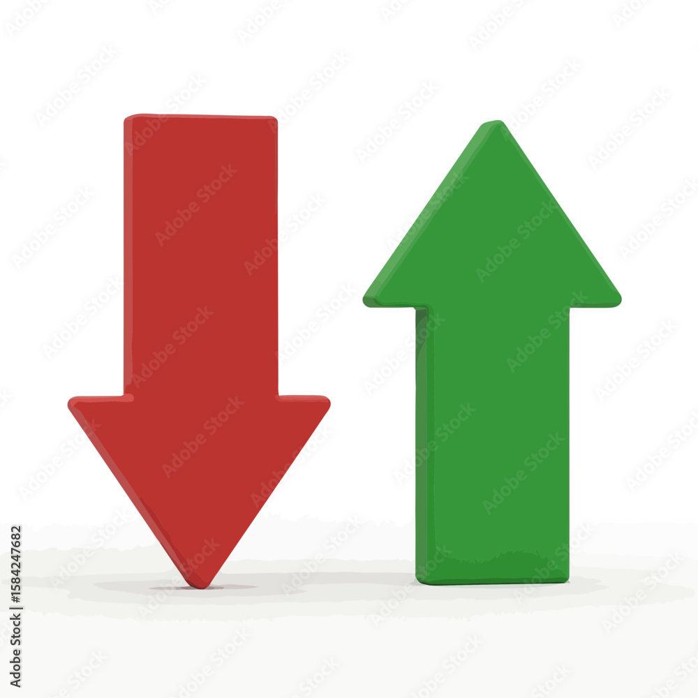 Poster a red arrow pointing down and a green arrow pointing up symbolize financial trends isolated on white
