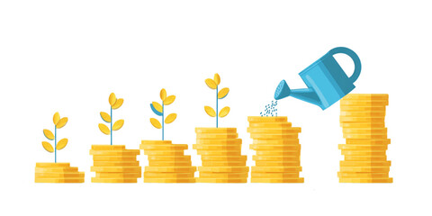 Investment Growth Illustration with Golden Coins and Blue Watering Can on Transparent Background, PNG
