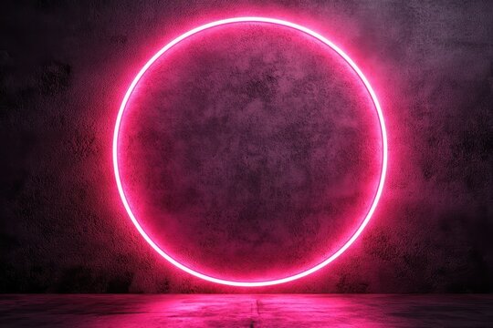 Neon pink circle on a textured dark concrete wall.