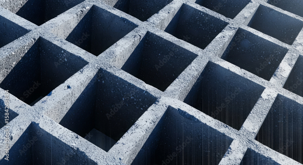 Aufkleber Close-up view of a concrete grid pattern with square openings, creating a geometric design.