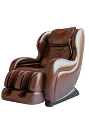 Obraz premium A brown, sleek massage chair with a modern design, showcasing a contoured backrest and armrests, rests on a low base