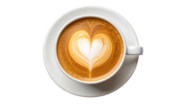 Top view of cappuccino with heart-shaped latte art on white saucer, perfect for cafe and breakfast themes.