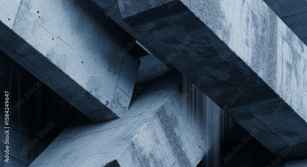 Poster abstract view of intersecting concrete beams, creating a geometric and structural composition.