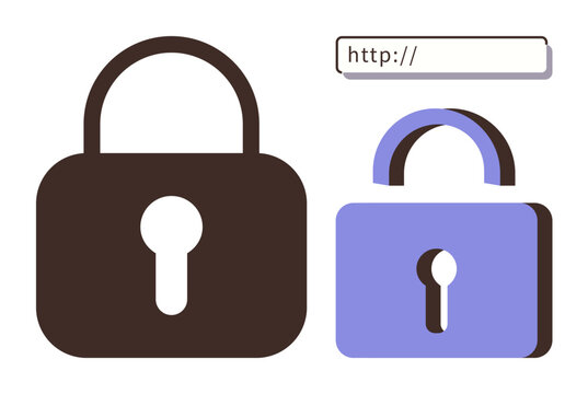 Two padlocks and a URL bar highlight online security and privacy. Ideal for cybersecurity, data safety, encryption, web protection, privacy awareness, internet reliability, simple flat metaphor