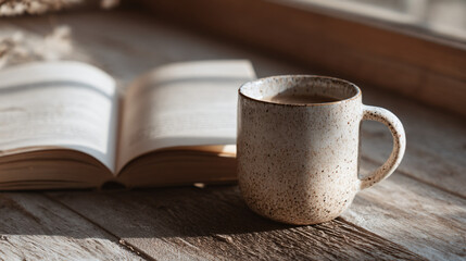 Sunlit Mug and Open Book by Window