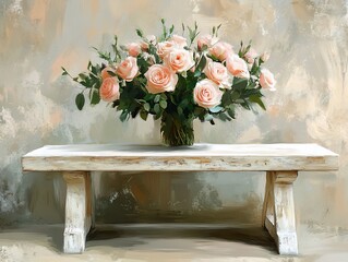 Elegant peach roses in a glass vase on a rustic wooden table