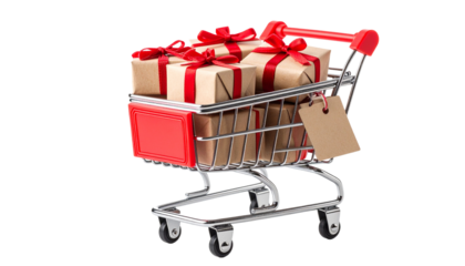 Red gift boxes in mini shopping cart with blank tag, isolated for holiday promo use.