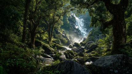 Rainforest Waterfall with Mist - Tropical Jungle Landscape