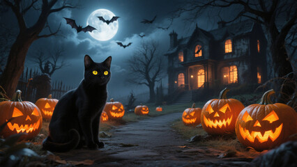 A hauntingly Halloween scene with a sleek, black cat sitting in the foreground, its piercing yellow eyes glowing under the eerie moonlight. Halloween, Halloween Costumes, Halloween Background