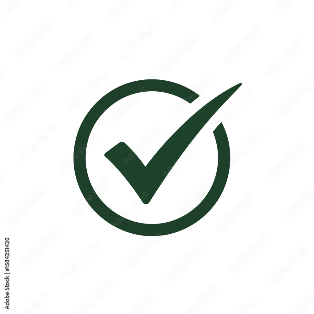 Poster a green check mark inside a circle isolated on white background indicates approval and validation