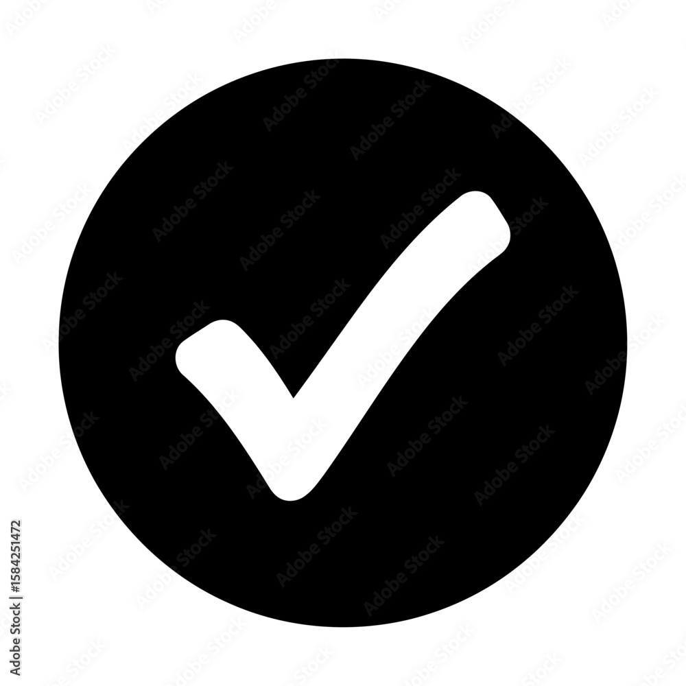 Poster a white check mark inside a black circle isolated on white background indicates approval and validat