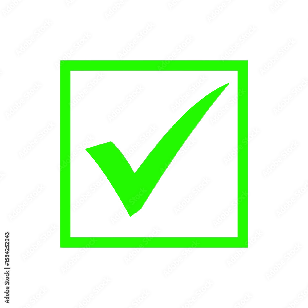 Poster a green check mark inside a green square signifies approval and validation, isolated on white backgr