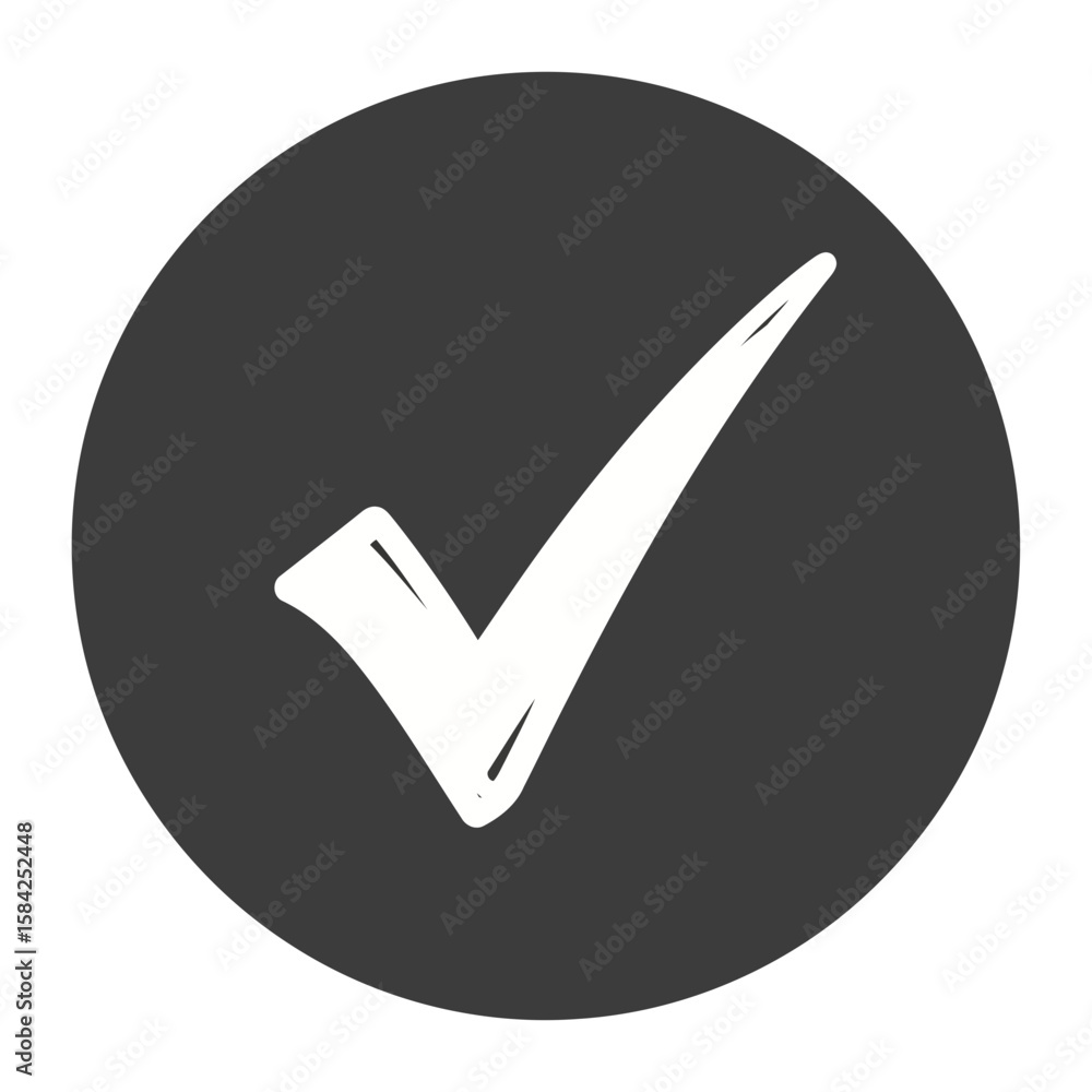 Poster a check mark inside a dark gray circle, isolated on white background, representing confirmation and 