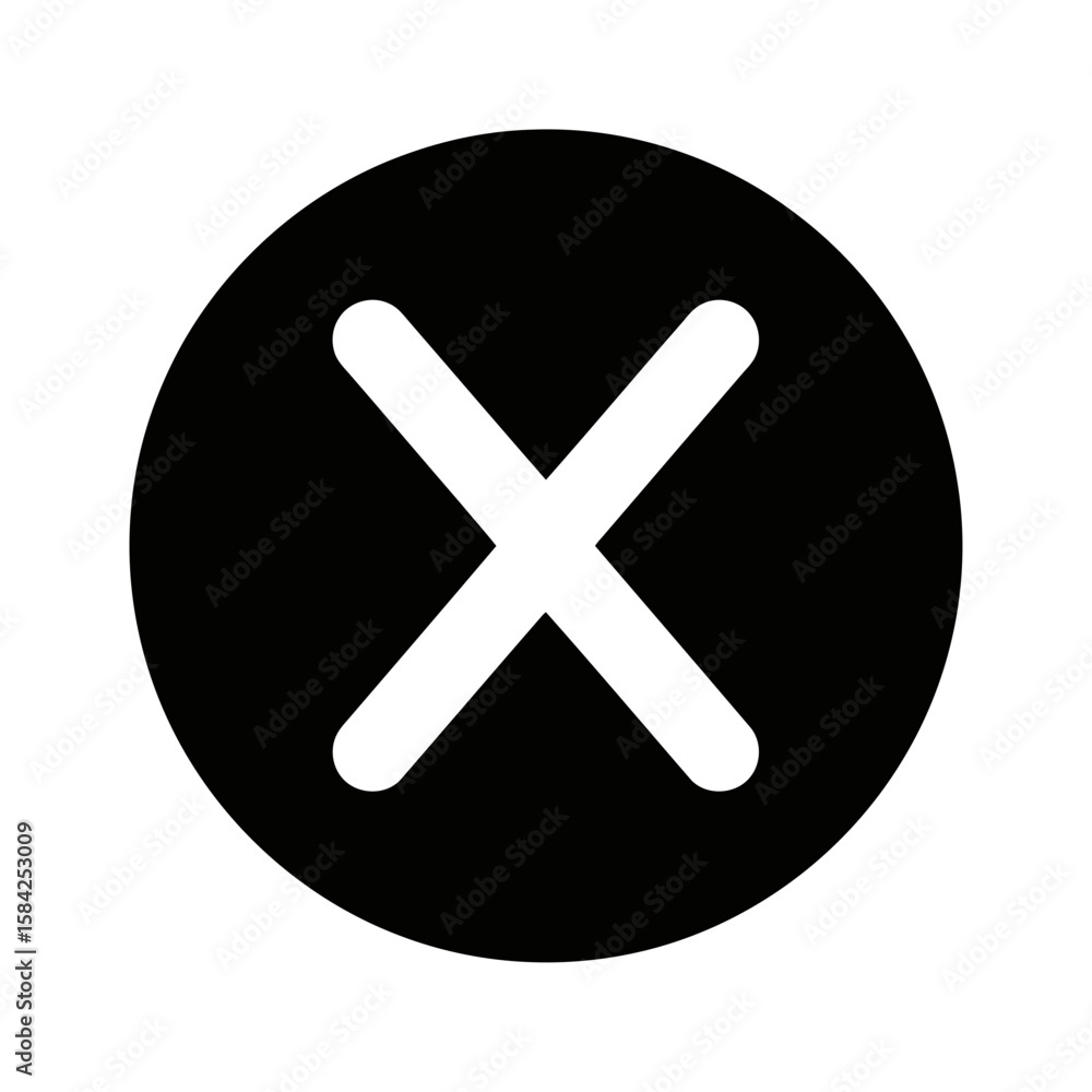 Poster a white cross mark on a black circle indicates rejection and error isolated on white background