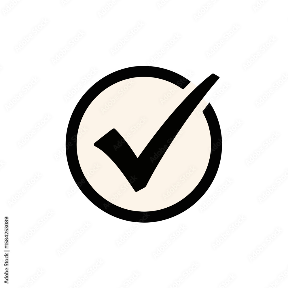 Poster a black check mark inside a circle with a cream fill isolated on white background signifies approval