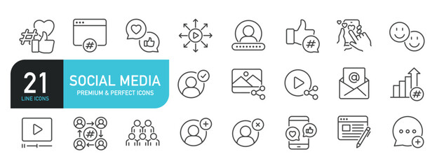 Set of line icons related to social media. Outline icons collection. Editable stroke. Vector illustration