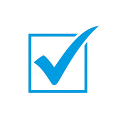 A blue check mark is displayed inside a blue square, isolated on white background