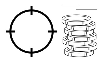 Crosshair symbol next to a stacked pile of coins represents financial focus, goal setting, investment strategies, and economic planning. Ideal for business, finance, savings, precision, targeting