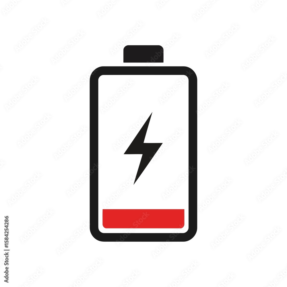 Poster a low battery icon with a red indicator and lightning bolt isolated on white background