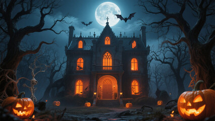 A hauntingly magical Halloween scene featuring a grand, gothic mansion with glowing orange windows that pierce the dark night. Halloween, Halloween Costumes, Halloween Background, Happy Halloween
