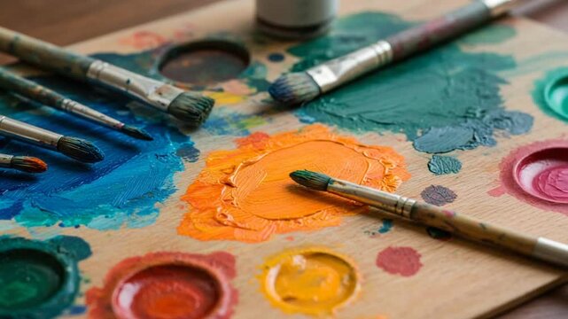 Vibrant paint palette with brushes on wooden table