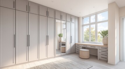 Obraz premium Bright walk-in closet with large window and built-in cabinets in soft neutral tones