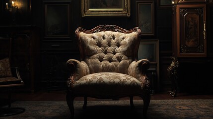 Elegant Vintage Armchair in Dark Room with Antique Paintings and Furnishings