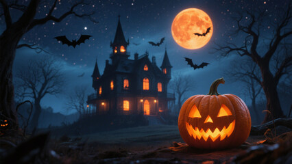 A hauntingly magical Halloween scene under a full, glowing orange moon that casts an eerie light over the landscape. Halloween, Halloween Costumes, Halloween Background, Happy Halloween