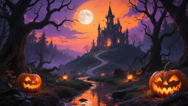 A hauntingly picturesque Halloween scene featuring a mysterious, gothic castle perched atop a hill under a vibrant orange and purple sky. Halloween, Halloween Costumes, Halloween Background - Powered by Adobe