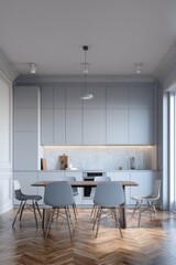 Bright kitchen light grey cabinetry, marble backsplash, wood floor, six chairs, table