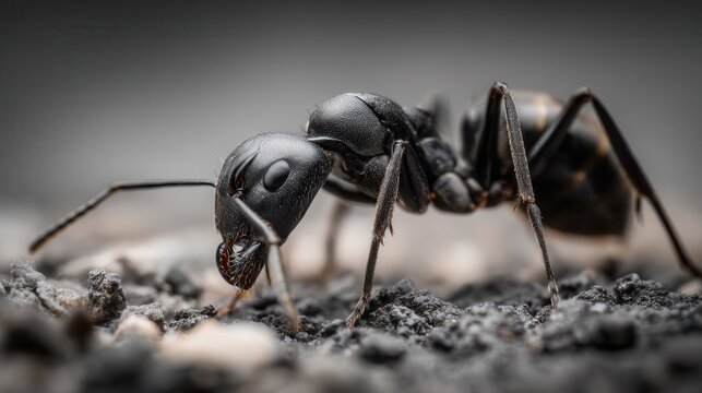 Close-up of a black ant on the ground.