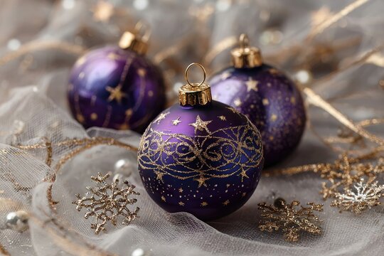 Three purple Christmas ornaments with gold designs on a soft, light background. Decorative elements include snowflakes and golden threads.