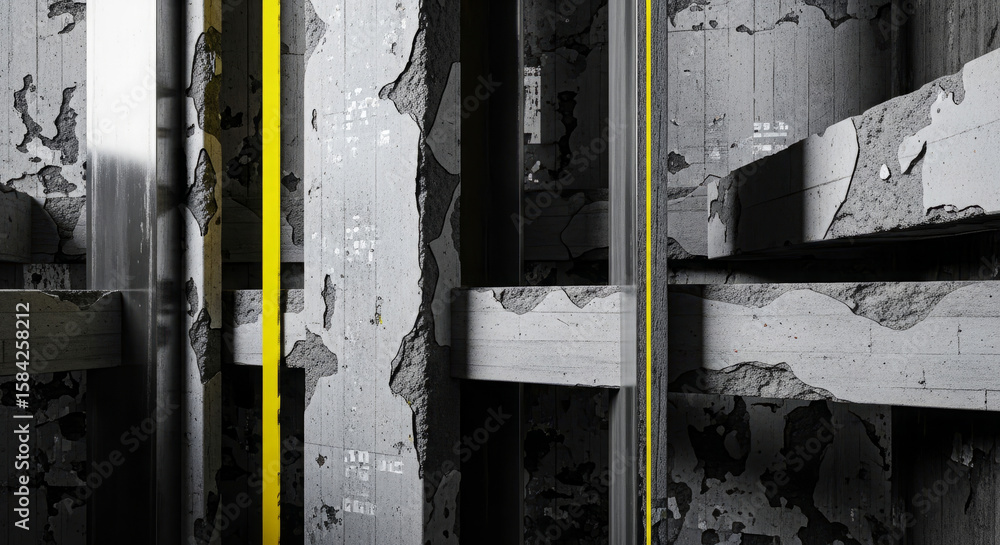 Poster abstract architectural detail featuring weathered concrete structures with a bright yellow line acce
