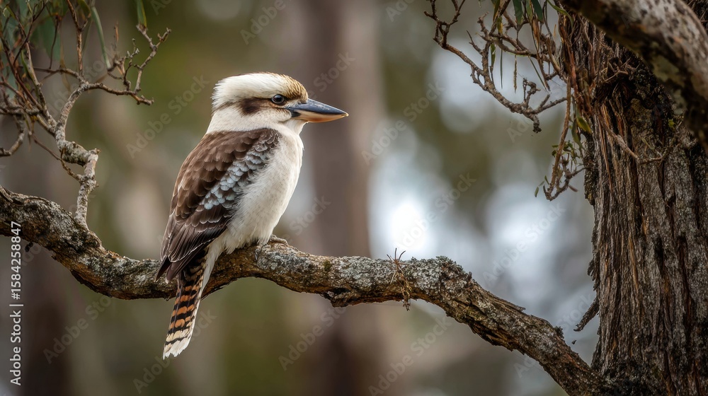 Poster kookaburra perched on a branch with trees in the background and soft light above during a tranquil m
