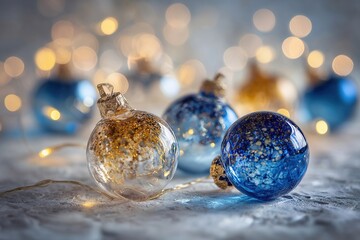 Colorful glass Christmas ornaments in blue and gold with soft bokeh lights in the background. Perfect for holiday decoration themes.